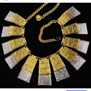Vintage KJL Kenneth J Lane Egyptian Revival Hieroglyphic Plaque Necklace 1970’s